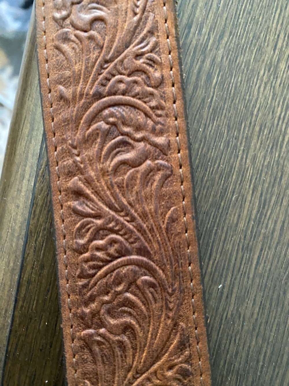 Tony Lama Tooled Brown Leather Belt with Engraved Silver Buckle - Picture 3 of 5